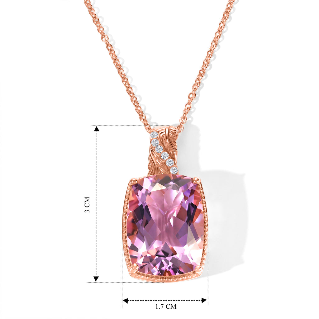 EverTrue AA Rose De France Amethyst und Zirkon Solitär-Stil Anhänger mit 50cm Edelstahl-Kette, 950 Kupfer mit Roségold-E-Beschichtung - 19,28 ct.