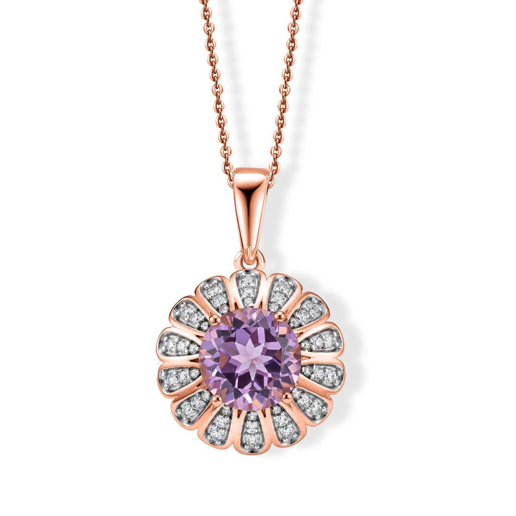 D'Joy Rose De France Amethyst, Weißer Zirkon Schmuckset ca. 50 cm 925 Silber 750 Roségold vermeil ca. 3,98 ct.