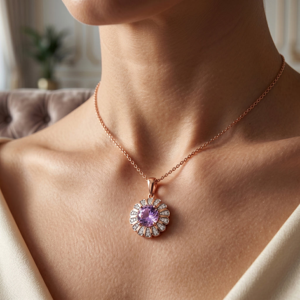 D'Joy Rose De France Amethyst, Weißer Zirkon Schmuckset ca. 50 cm 925 Silber 750 Roségold vermeil ca. 3,98 ct.