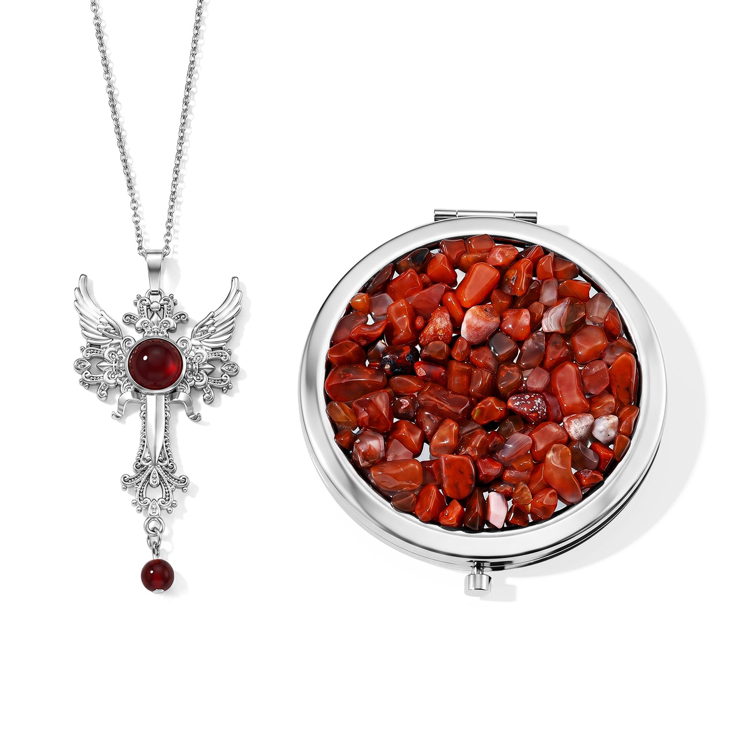 Roter Achat Anhänger mit 50+5cm Edelstahl Kette und Taschenspiegel, Legierung - 120 ct.