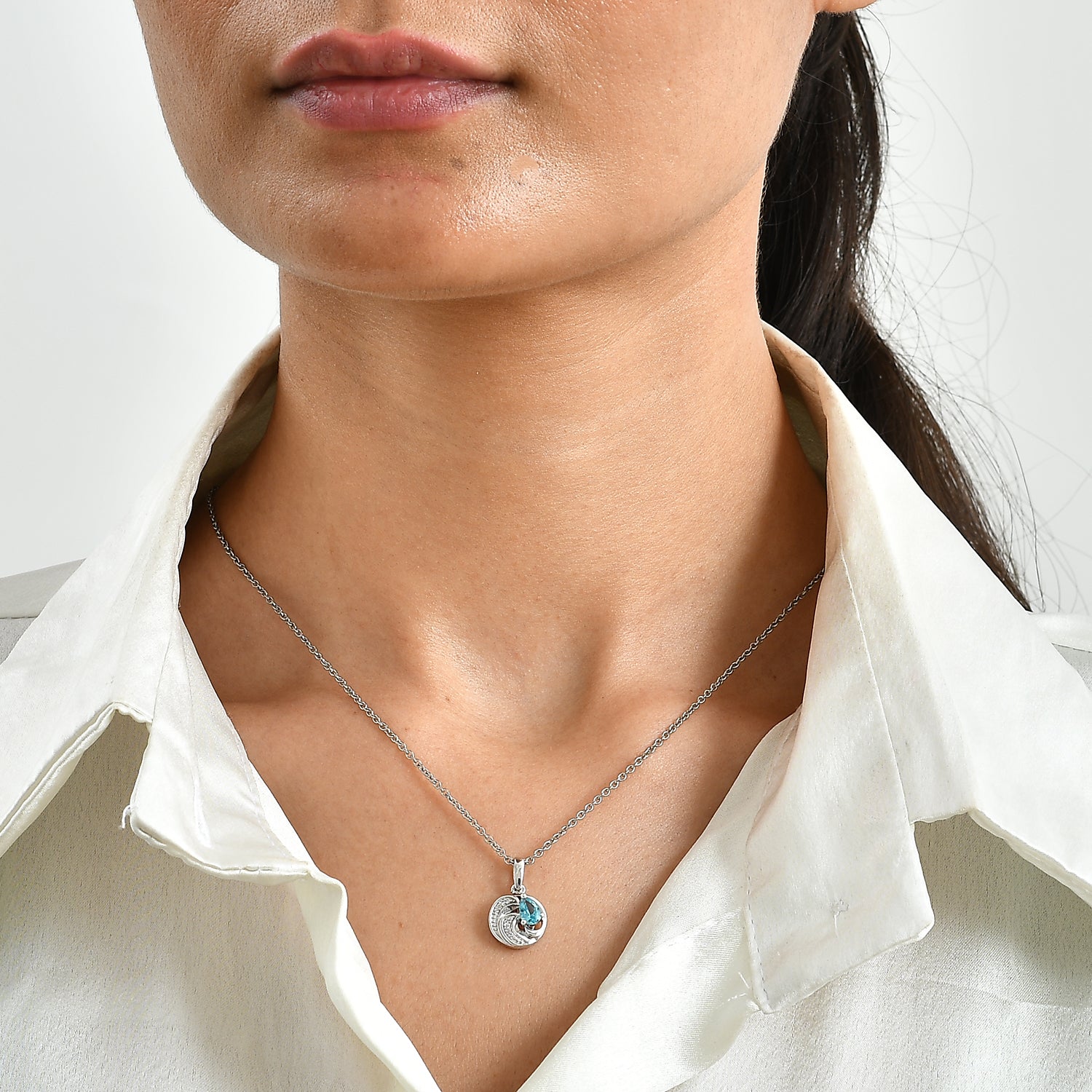 D'Joy AA Blauer Apatit, Weißer Zirkon Schmuckset ca. 50 cm 925 Silber Platiniert und Edelstahl Platiniert ca. 0,52 ct.