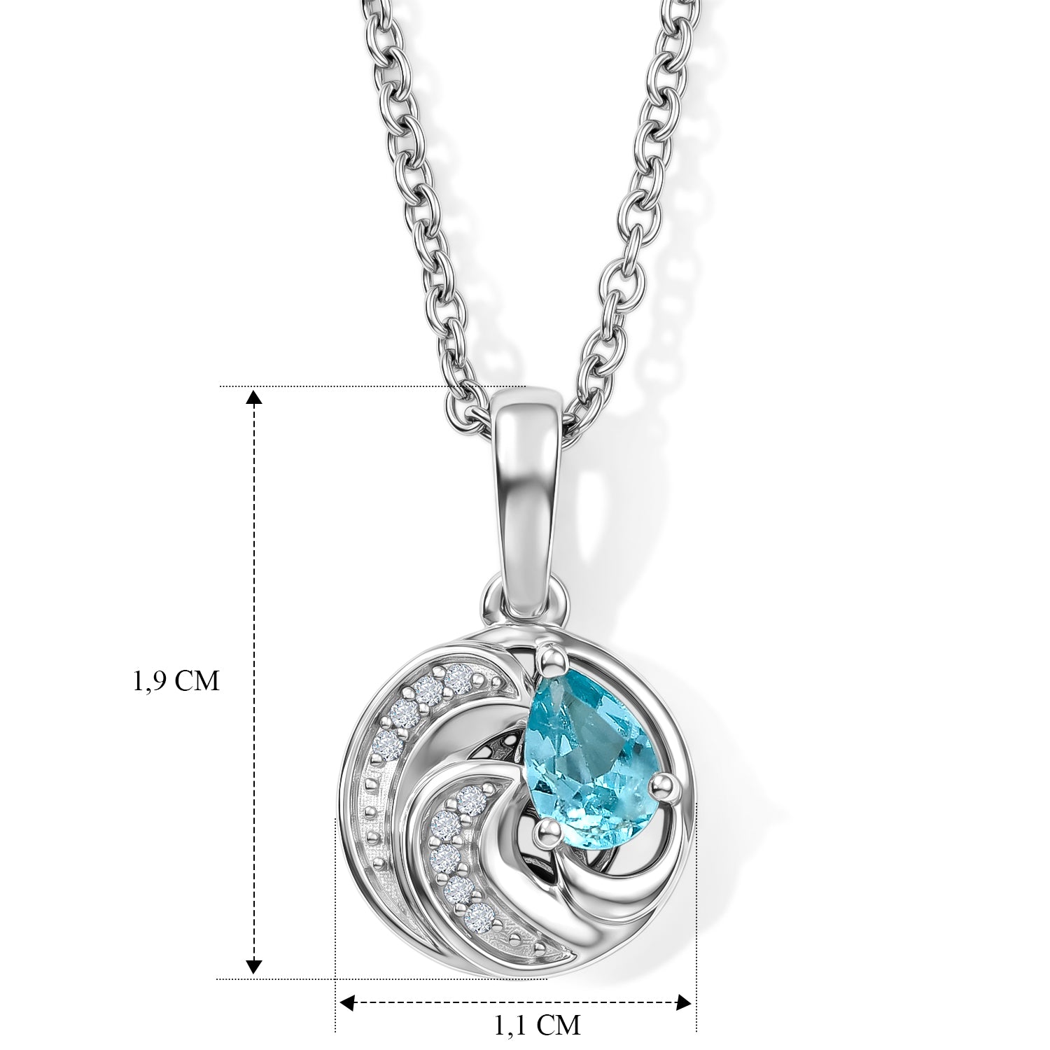 D'Joy AA blauer Apatit und Zirkon Anhänger mit 50cm Edelstahl Kette, 925 Silber platiniert - 0,52 ct.