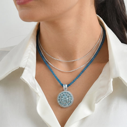 D'Joy Neon Apatit, Blauer Apatit Schmuckset ca. 50 cm 925 Silber Rhodiniert ca. 44,61 ct.