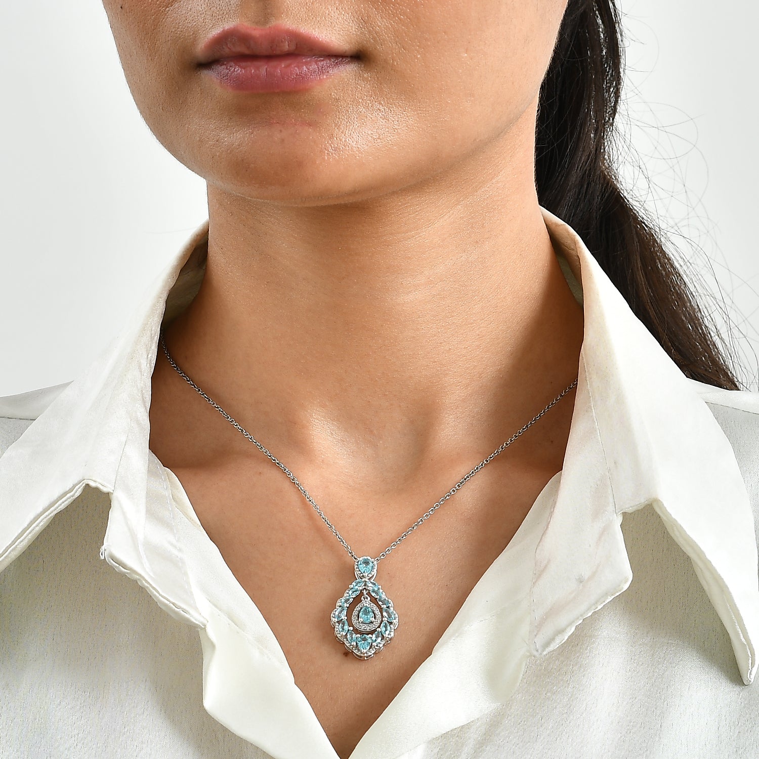 D'Joy AA Blauer Apatit Schmuckset ca. 50 cm 925 Silber Platiniert und Edelstahl Platiniert ca. 2,69 ct.