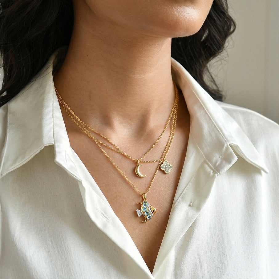 D'Joy AA blauer Apatit Anhänger 50cm Edelstahl Kette, 925 Silber in Goldton - 1,04 ct.