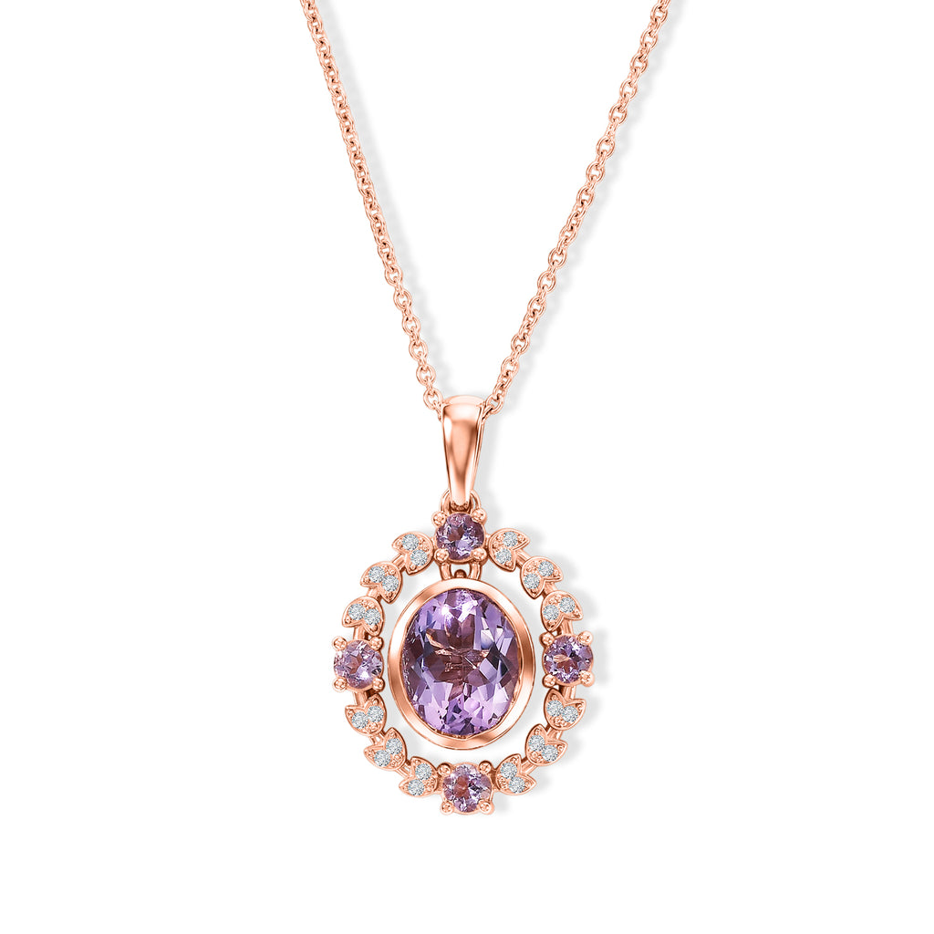 EverTrue Rose De France Amethyst Halo-Stil Anhänger mit 50cm Edelstahl-Kette, 950 Kupfer rosévergoldet - 5,42 ct.