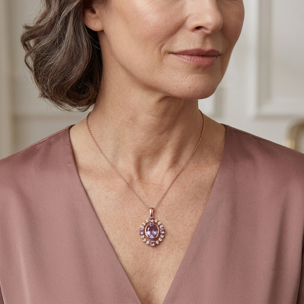 EverTrue Rose De France Amethyst Halo-Stil Anhänger mit 50cm Edelstahl-Kette, 950 Kupfer rosévergoldet - 5,42 ct.
