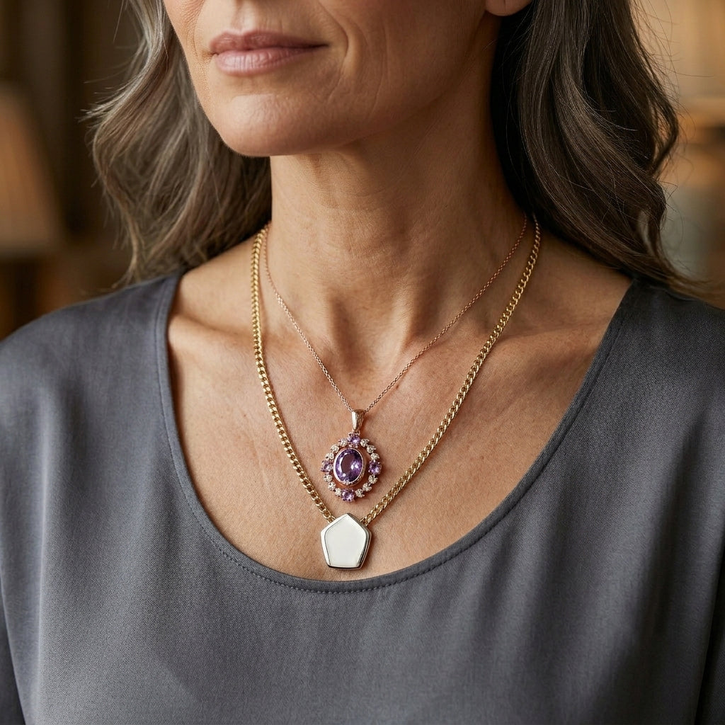 EverTrue Rose De France Amethyst Halo-Stil Anhänger mit 50cm Edelstahl-Kette, 950 Kupfer rosévergoldet - 5,42 ct.