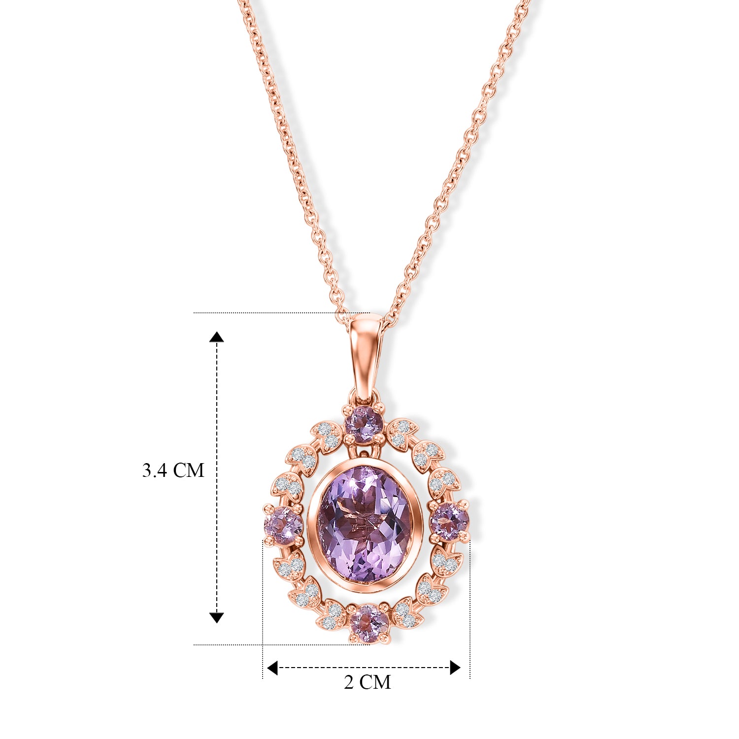 EverTrue Rose De France Amethyst Halo-Stil Anhänger mit 50cm Edelstahl-Kette, 950 Kupfer rosévergoldet - 5,42 ct.