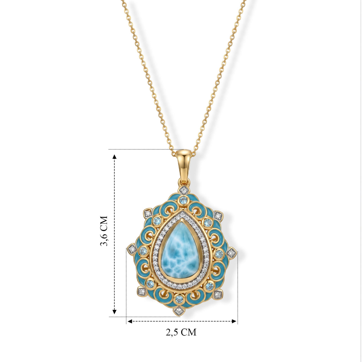 D'Joy AAA Larimar, Schweizer Blautopas Schmuckset ca. 50 cm 925 Silber 750 Gelbgold vermeil ca. 4,85 ct.