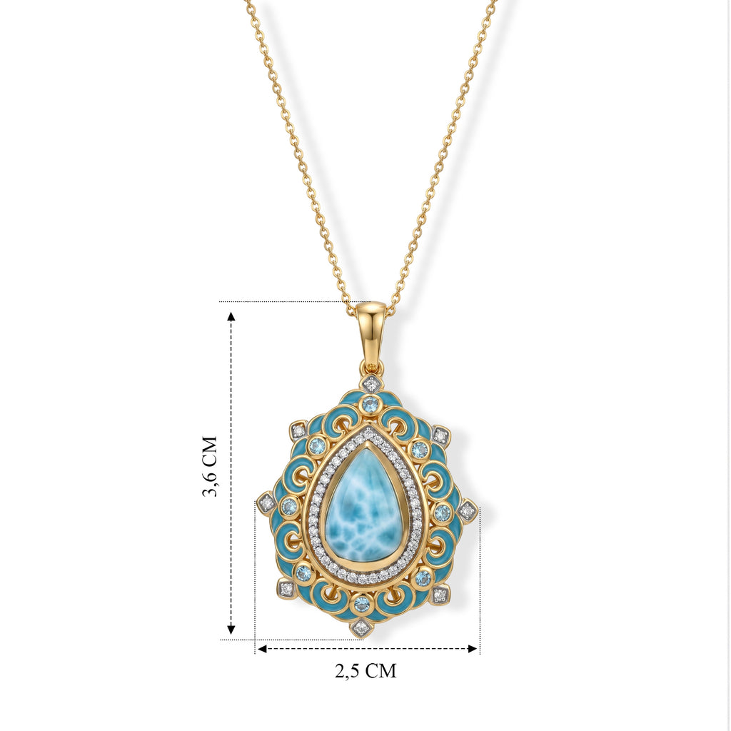 D'Joy AAA Larimar, Schweizer Blautopas Schmuckset ca. 50 cm 925 Silber 750 Gelbgold vermeil ca. 4,85 ct.