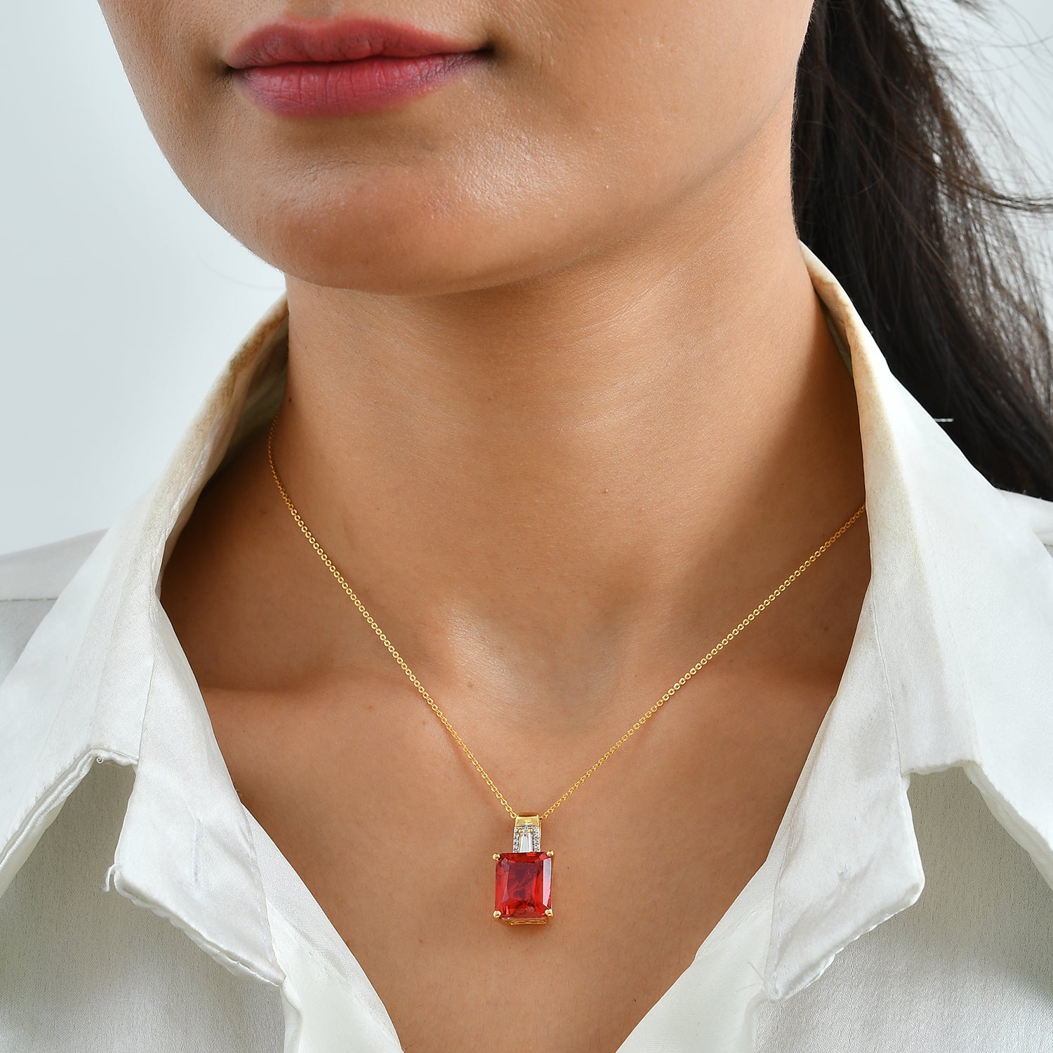 D'Joy Rubin Feuer Triplett Quarz und Zirkon Anhänger mit 50cm Kette, 925 Silber 750 Gelbgold Vermeil - 6,87 ct.