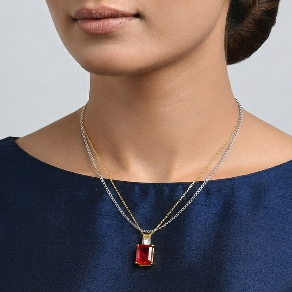 D'Joy Rubin Feuer Triplett Quarz und Zirkon Anhänger mit 50cm Kette, 925 Silber 750 Gelbgold Vermeil - 6,87 ct.