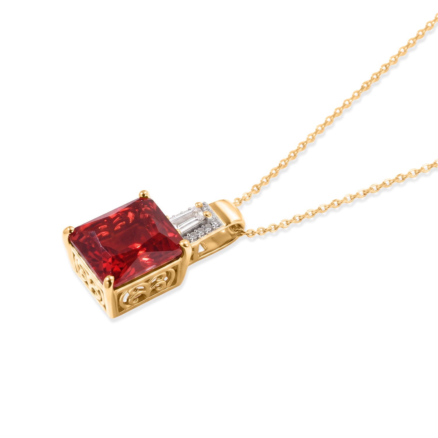 D'Joy Rubin Feuer Triplett Quarz und Zirkon Anhänger mit 50cm Kette, 925 Silber 750 Gelbgold Vermeil - 6,87 ct.