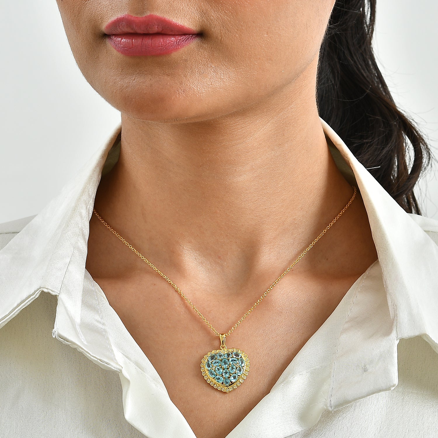 EverTrue AA Batroke blauer Apatit und Zirkon Anhänger mit 50cm Edelstahl Kette, Bronze mit Gelbgold E-Beschichtung - 3,78 ct.