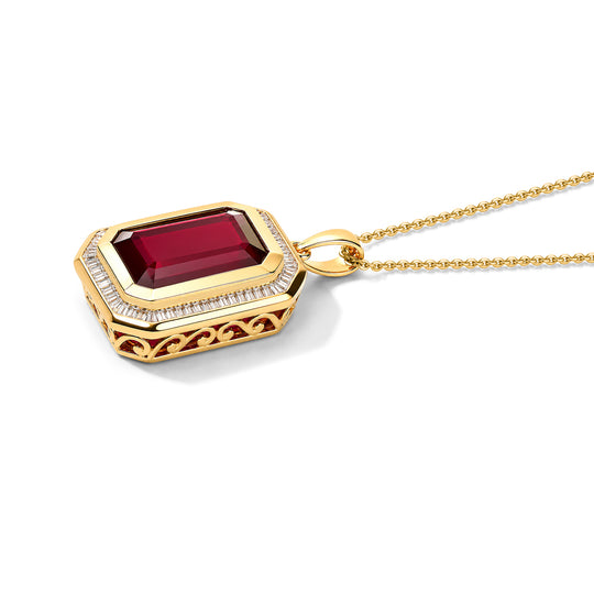D'Joy AAA afrikanischer Rubin und Diamant Anhänger mit 50cm Kette, 925 Silber 750 Gelbgold Vermeil - 11,31 ct.