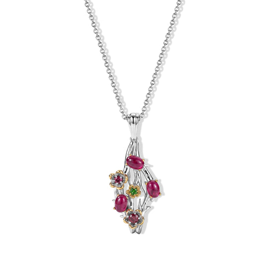 EverTrue AA afrikanischer Rubin, Rhodolith Granat und Chromdiopsid Anhänger mit 50cm Edelstahl Kette, Bronze mit Platin E-Beschichtung - 2,71 ct.