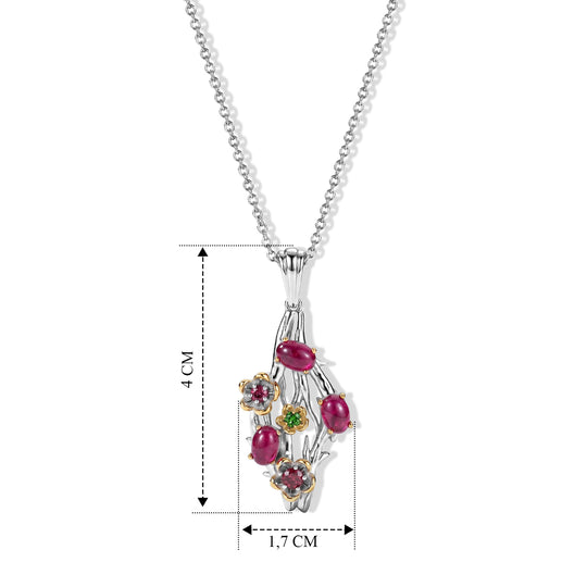 EverTrue AA afrikanischer Rubin, Rhodolith Granat und Chromdiopsid Anhänger mit 50cm Edelstahl Kette, Bronze mit Platin E-Beschichtung - 2,71 ct.