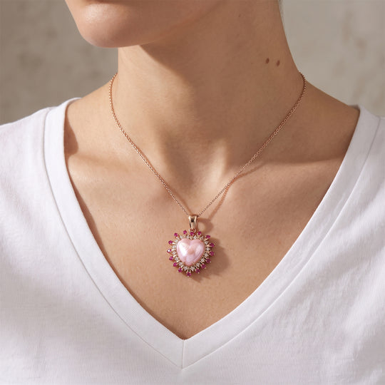 D'Joy Rosa Mabe Perle (14 mm), Afrikanischer Rubin (Fissure gefüllt) Schmuckset ca. 50 cm 925 Silber 750 Roségold vermeil 7.16 ct