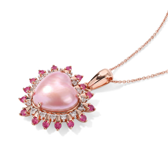 D'Joy Rosa Mabe Perle (14 mm), Afrikanischer Rubin (Fissure gefüllt) Schmuckset ca. 50 cm 925 Silber 750 Roségold vermeil 7.16 ct