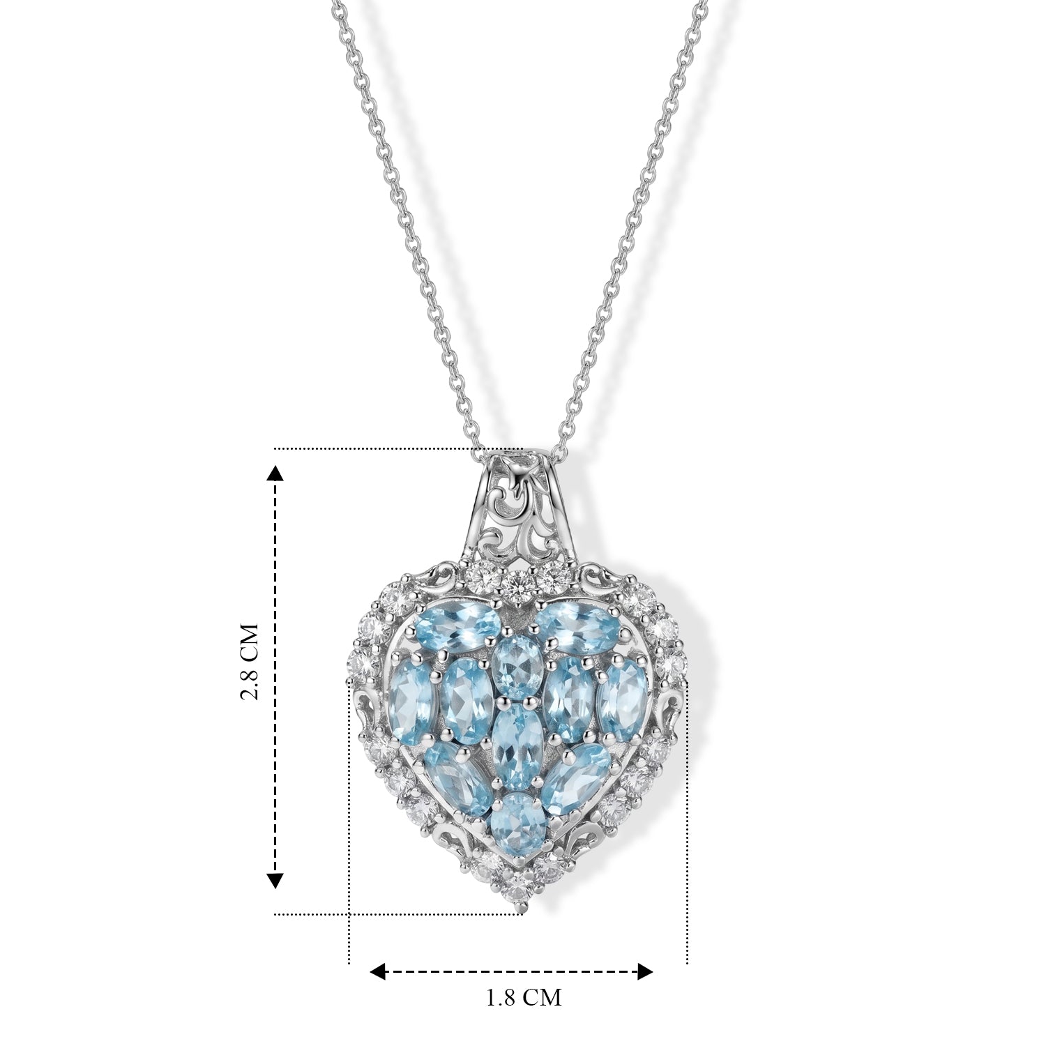 D'Joy blauer und weißer Zirkon Halo Herz Anhänger mit 50cm Kette, 925 Silber rhodiniert - 4,77 ct.