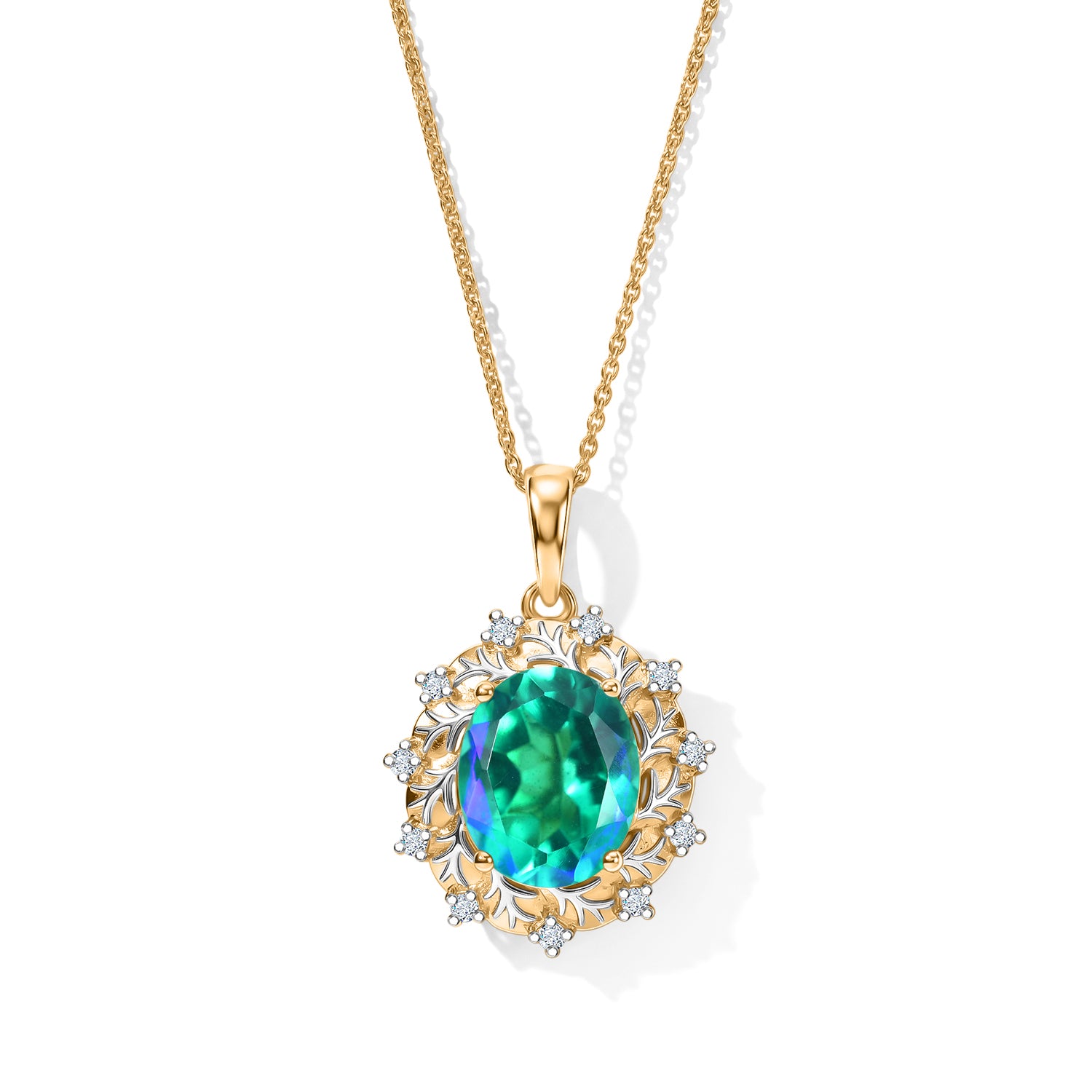 D'Joy Pfau Quarz Triplette, Weißer Zirkon Anhänger mit Kette, ca. 50 cm 925 Silber 750 Gelbgold vermeil, 925 Silber Rhodiniert und 750 Gelbgold Vermeil ca. 5.43 ct