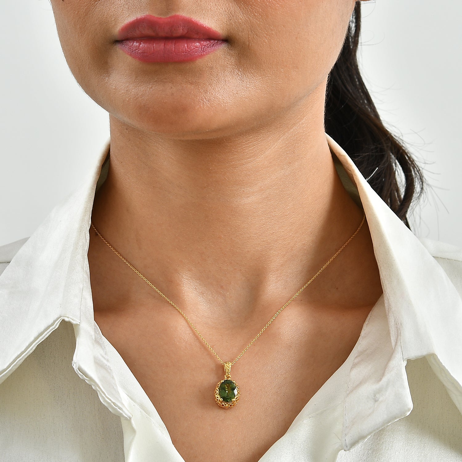D'Joy Natürlicher grüner Apatit Schmuckset ca. 50 cm 925 Silber 750 Gelbgold vermeil ca. 2,83 ct.