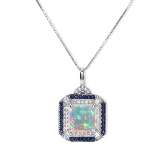 D'Joy AA natürlicher, äthiopischer Welo Opal, Moissanit und Ceylon Saphir Halo Anhänger mit 45cm Kette, 925 Silber rhodiniert - 3,34 ct.
