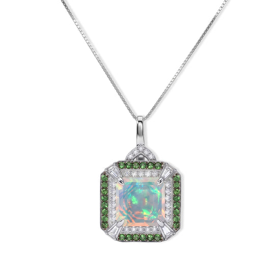 D'Joy AA natürlicher, äthiopischer Welo Opal, Moissanit und Ceylon Saphir Halo Anhänger mit 45cm Kette, 925 Silber rhodiniert - 3,34 ct.