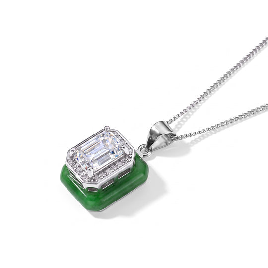 D'Joy Moissanit und gefärbter grüner Jade Anhänger mit 45cm Kette, 925 Silber rhodiniert - 8,20 ct.