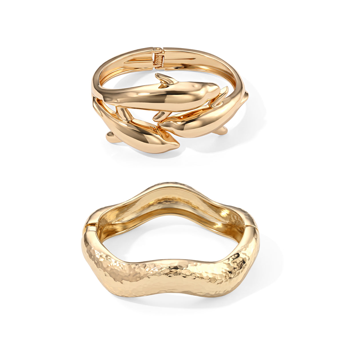 2er-Armreif-Set mit Delfinmotiv und gehämmerter Wellenstruktur, 17,5cm, goldfarbene Legierung