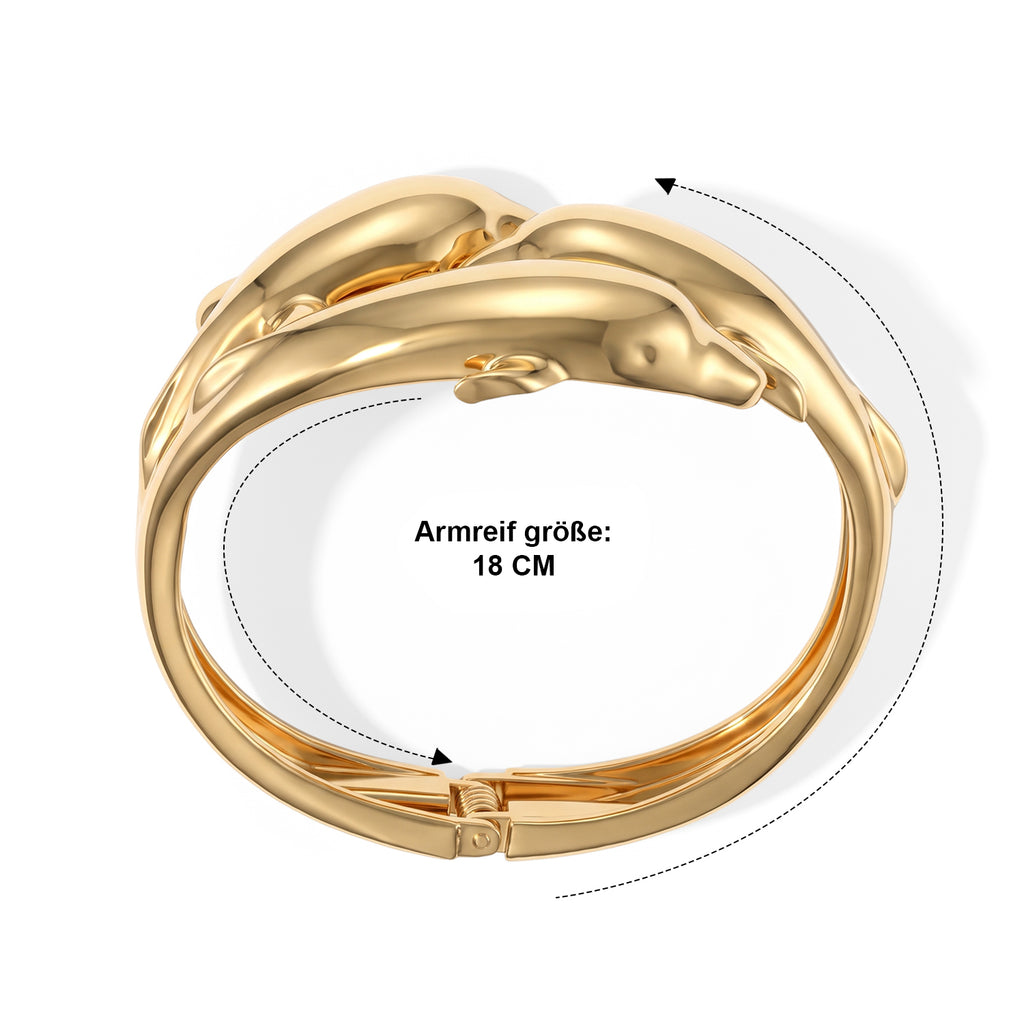 2er-Armreif-Set mit Delfinmotiv und gehämmerter Wellenstruktur, 17,5cm, goldfarbene Legierung
