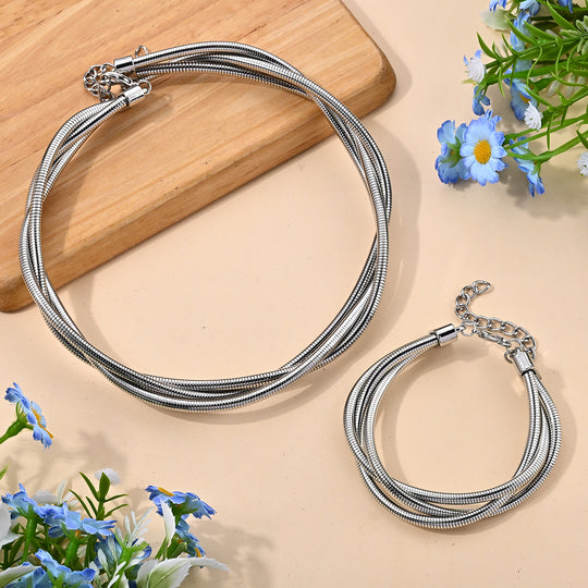 2er-Schmuckset aus mehrreihiger 43+5cm Halskette und 20+5cm Armband, Eisen in Silberton