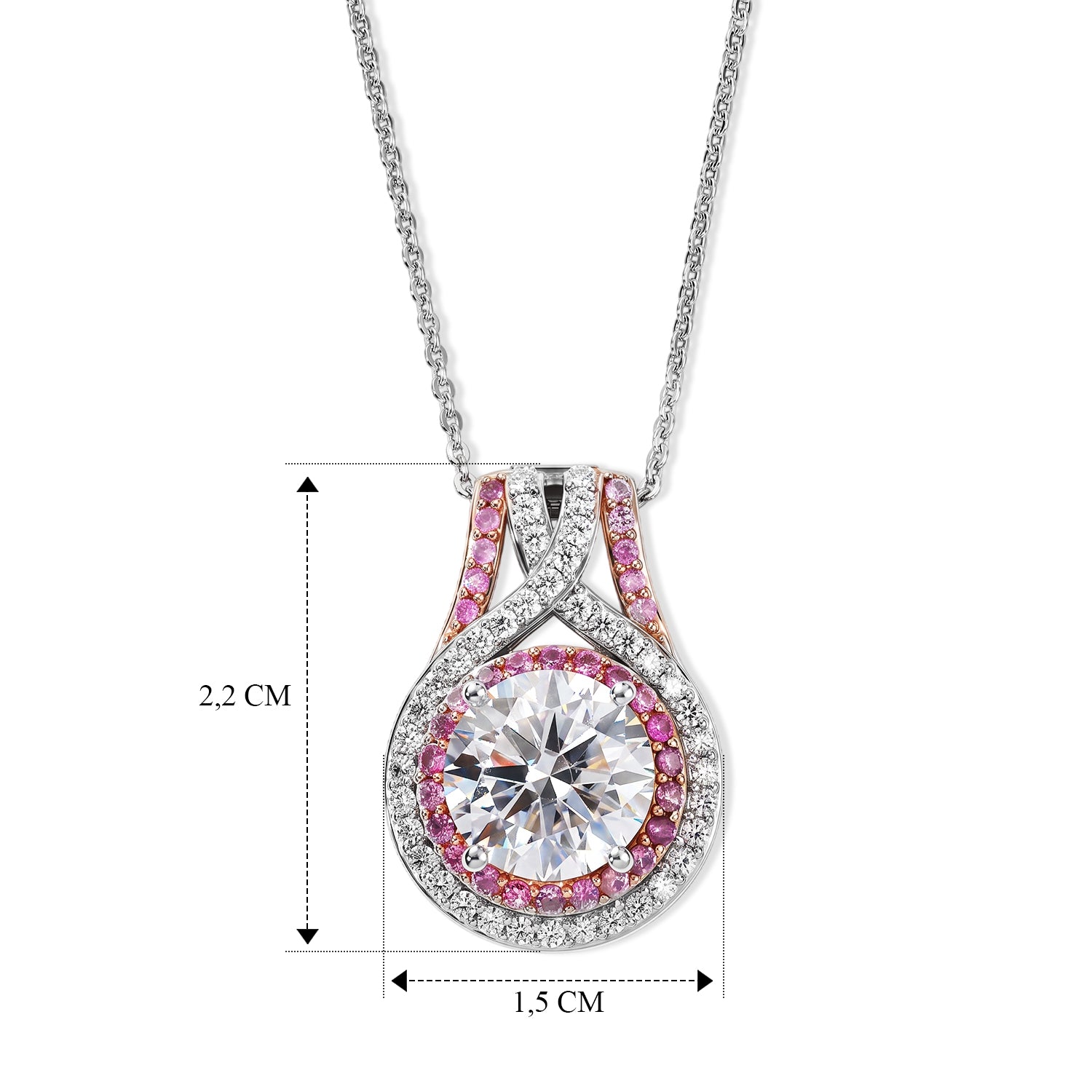 D'Joy Moissanit und rosa Saphir Anhänger mit 50cm Kette, 925 Silber rhodiniert und 750 Roségold Vermeil - 3,23 ct.