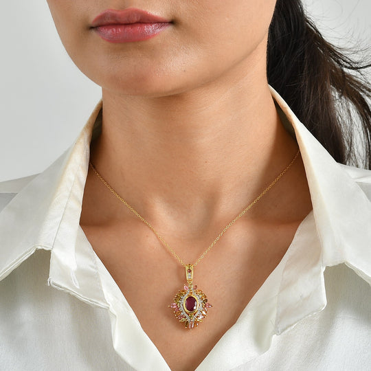 D'Joy afrikanischer Rubin (Fissure gefüllt), Multi-Turmalin und Zirkon Anhänger mit 50cm Kette, 925 Silber 750 Gelbgold Vermeil - 5,55 ct.
