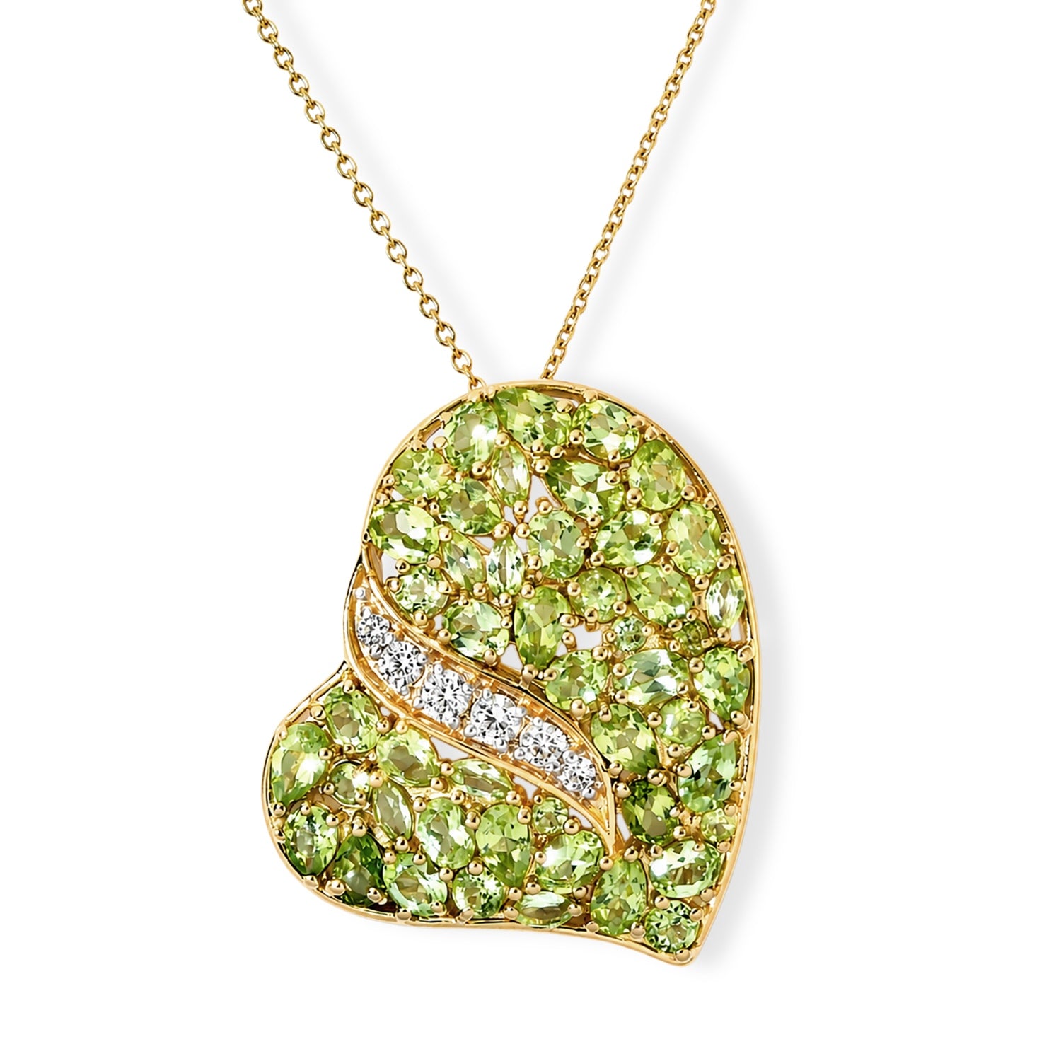 D'Joy Peridot Arizona und Zirkon Anhänger mit 50cm Kette, 925 Silber 750 Gelbgold Vermeil - 8,53 ct.