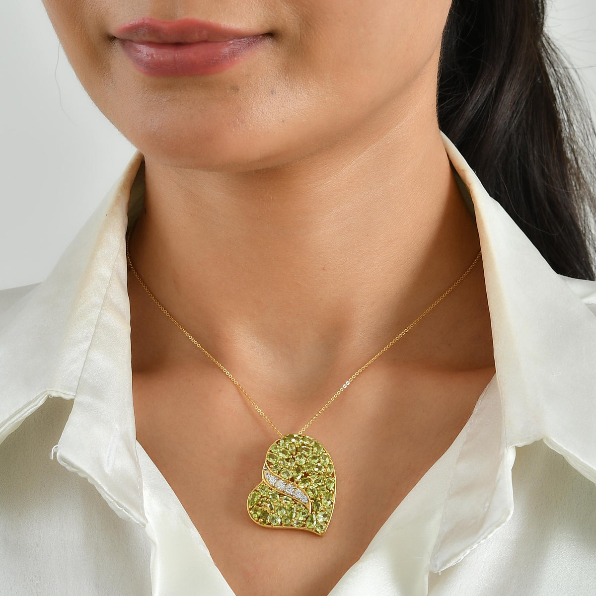 D'Joy Arizona Peridot, Weißer Zirkon Schmuckset ca. 50 cm 925 Silber 750 Gelbgold vermeil ca. 8.53 ct