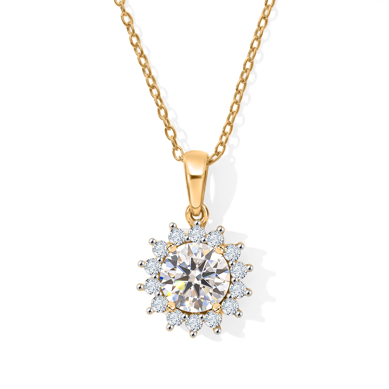 D'Joy GRA zertifizierter Moissanit Anhänger mit 50cm Kette, 925 Silber 750 Gelbgold Vermeil - 2,18 ct.