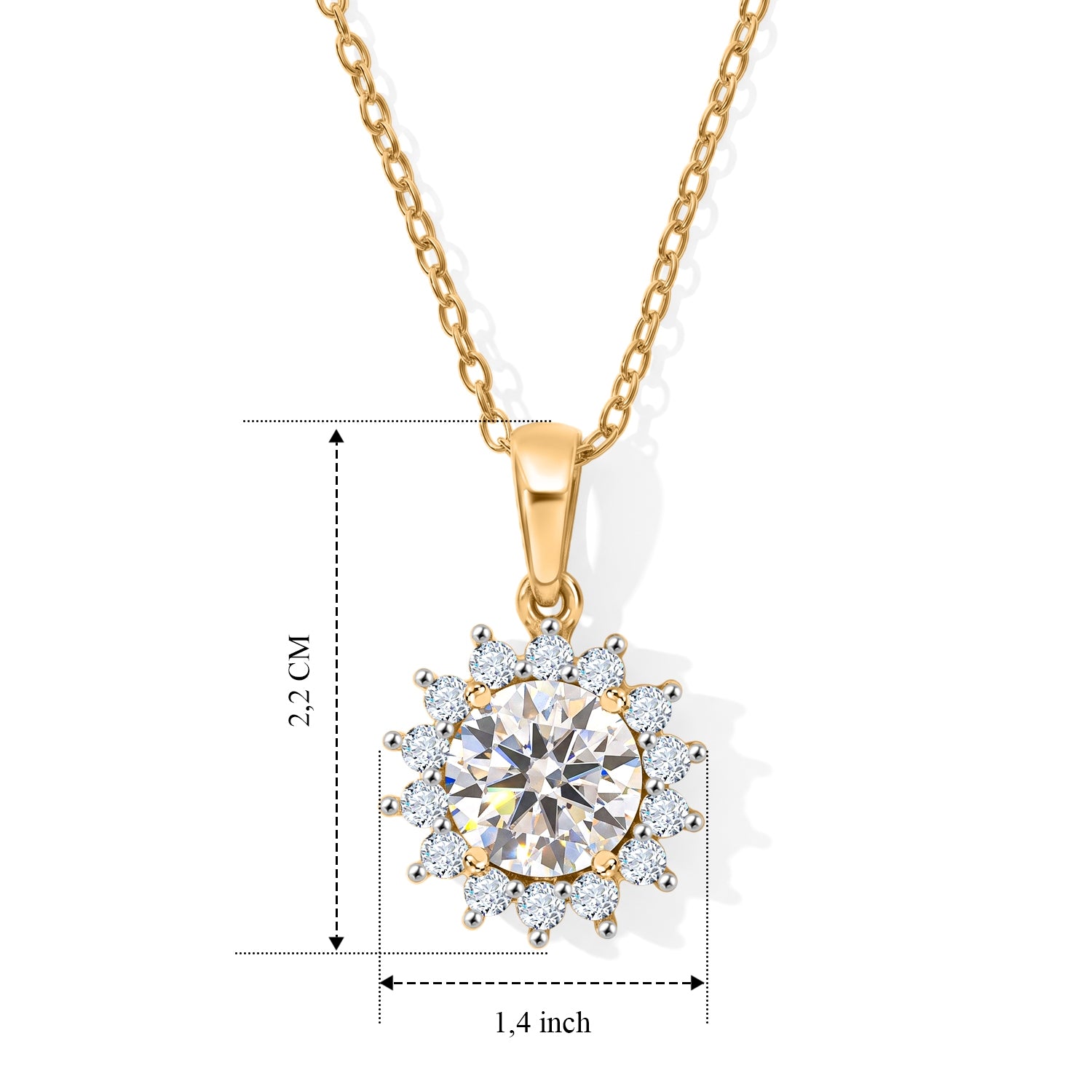 D'Joy GRA zertifizierter Moissanit Anhänger mit 50cm Kette, 925 Silber 750 Gelbgold Vermeil - 2,18 ct.