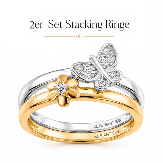 LUXURIANT 2er-Set SI-GH Labor Diamant Stacking Ringe, 925 Silber 750 Gelbgold Vermeil und rhodiniert