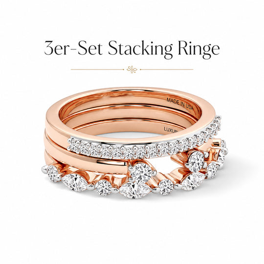 LUXURIANT 3er-Set SI-GH Labor Diamant Stacking Ringe, 925 Silber 750 Roségold Vermeil - 0,75 ct.