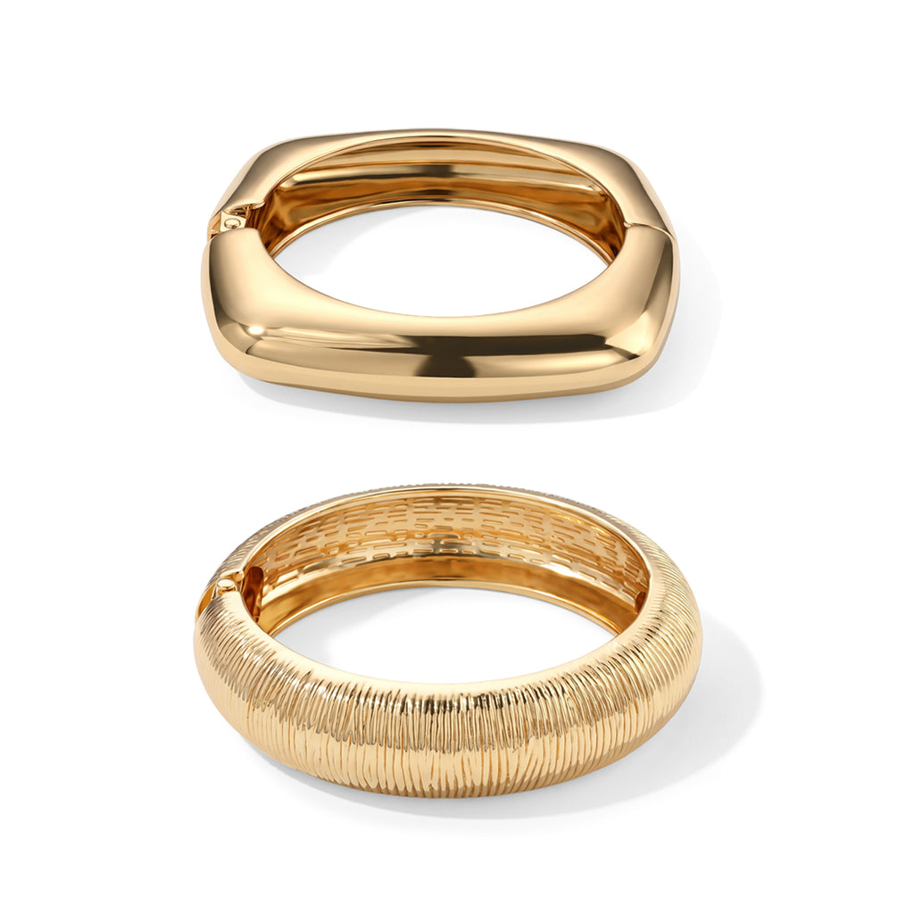 2er-Armreif-Set mit polierter und geriffelter Oberfläche, 17,5cm und 18,5cm, Legierung in Goldton