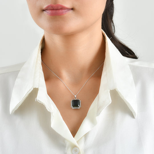D'Joy Alexandrit Quarz Triplette, Weißer Zirkon Anhänger mit Kette, ca. 50 cm 925 Silber Rhodiniert ca. 9.53 ct