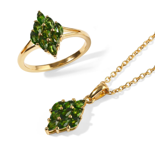 EVER TRUE 2er Set - Natürlicher Chromdiopsid Anhänger mit Kette und Ring, ca. 50 cm (Größe 21.00) ca. 1.71 ct