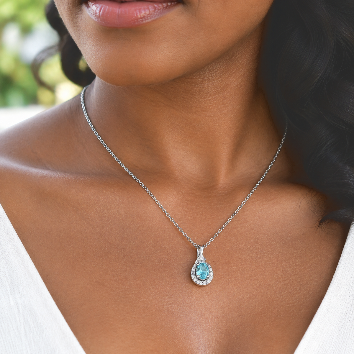 D'Joy AA Blauer Zirkon, Weißer Zirkon Anhänger mit Kette, ca. 50 cm 925 Silber Rhodiniert und Edelstahl Rhodiniert ca. 1.61 ct