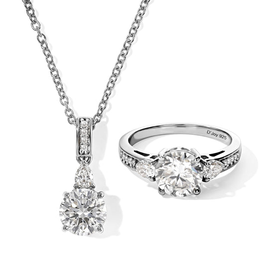 2er Set - D'Joy Moissanit Anhänger mit Kette und Ring,  ca. 50 cm 925 Silber, Edelstahl und 750 vergoldet (Größe 20.00) ca. 3.57 ct