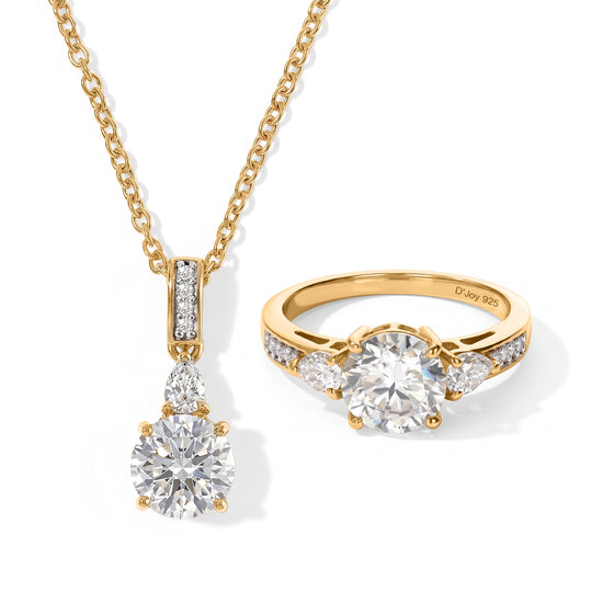 2er Set - D'Joy Moissanit Anhänger mit Kette und Ring,  ca. 50 cm 925 Silber, Edelstahl und 750 vergoldet (Größe 20.00) ca. 3.57 ct