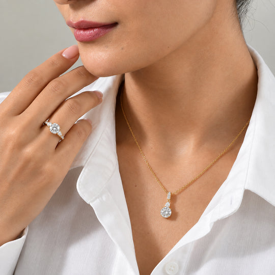 2er Set - D'Joy Moissanit Anhänger mit Kette und Ring, ca. 50 cm 925 Silber Platiniert und Edelstahl, (Größe 20.00) ca. 3.57 ct