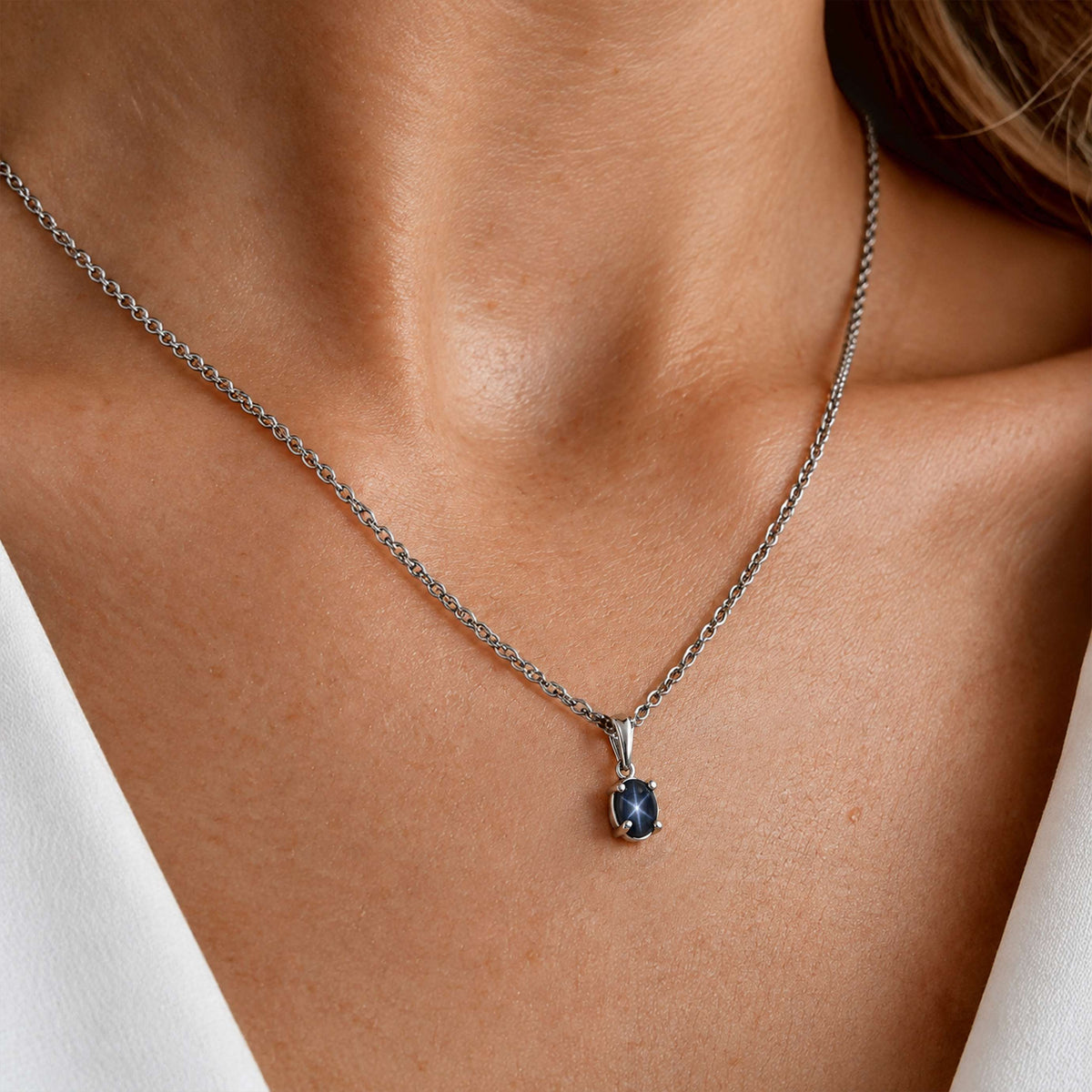 Diffundierter Stern blauer Saphir Schmuckset ca. 50 cm 925 Silber Rhodiniert und Edelstahl Rhodiniert ca. 0,91 ct.