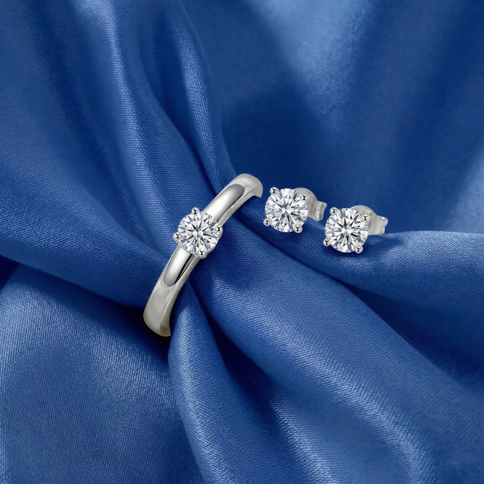 Luxuriant Diamond Duo: Labor Diamant Ring & Ohrringe in rhodiniertem Silber